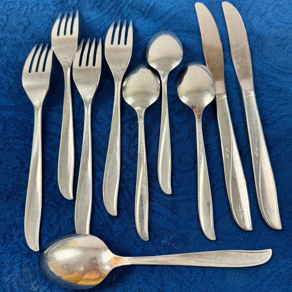 Vintage Oneida Community Twin Star Stainless Flatware 10pc MCM Starburst 1959